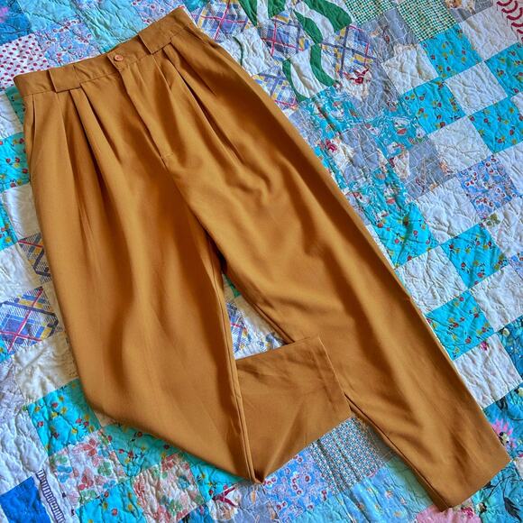 Vintage 80s/90s Mustard Gold Pleated High Waist Cropped Tapered Pants 25 x 26 - Picture 1 of 5